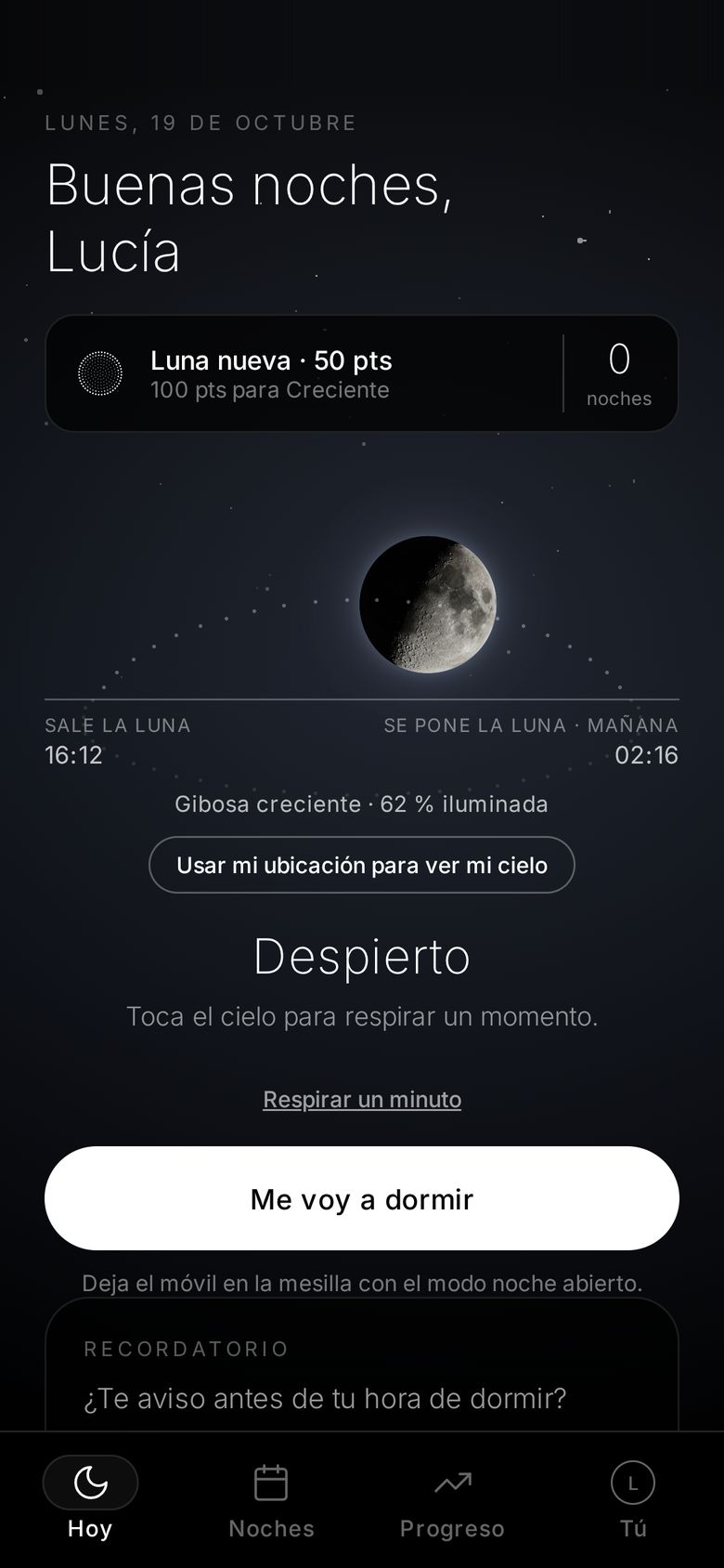 Pantalla Hoy: saludo, la luna de esta noche y el botón «Me voy a dormir»